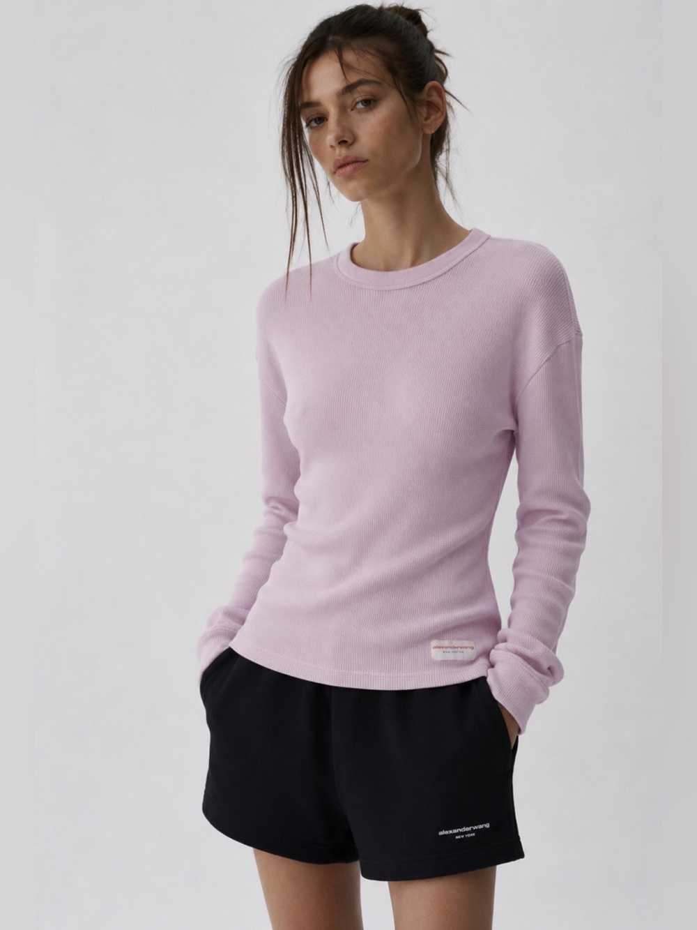Alexander Wang Light Pink Waffle Knit Long Sleeve Top